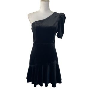 DO+BE Black Velvet One Shoulder Puff Sleeve Ruffle Hem Dress Medium NWT
